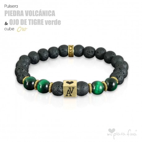 PIEDRA VOLCÁNICA & OJO DE TIGRE VERDE Cube ORO